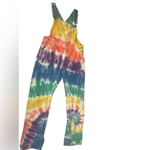 Current Mood Pants - Current Mood Yellow and Pink Tie-Dye Overalls XS